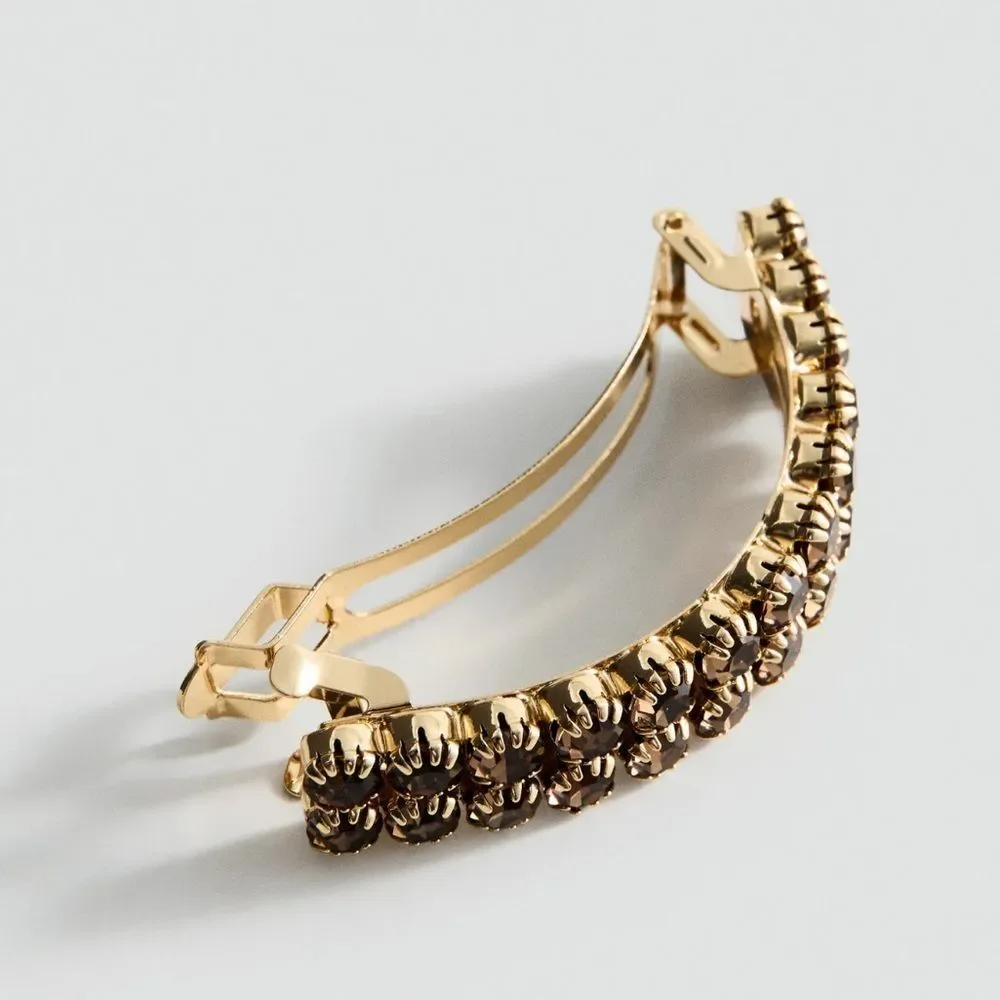 MANGO NEIVA Bright Chocolate Crystals Gold Tone Barrette Hair Clip